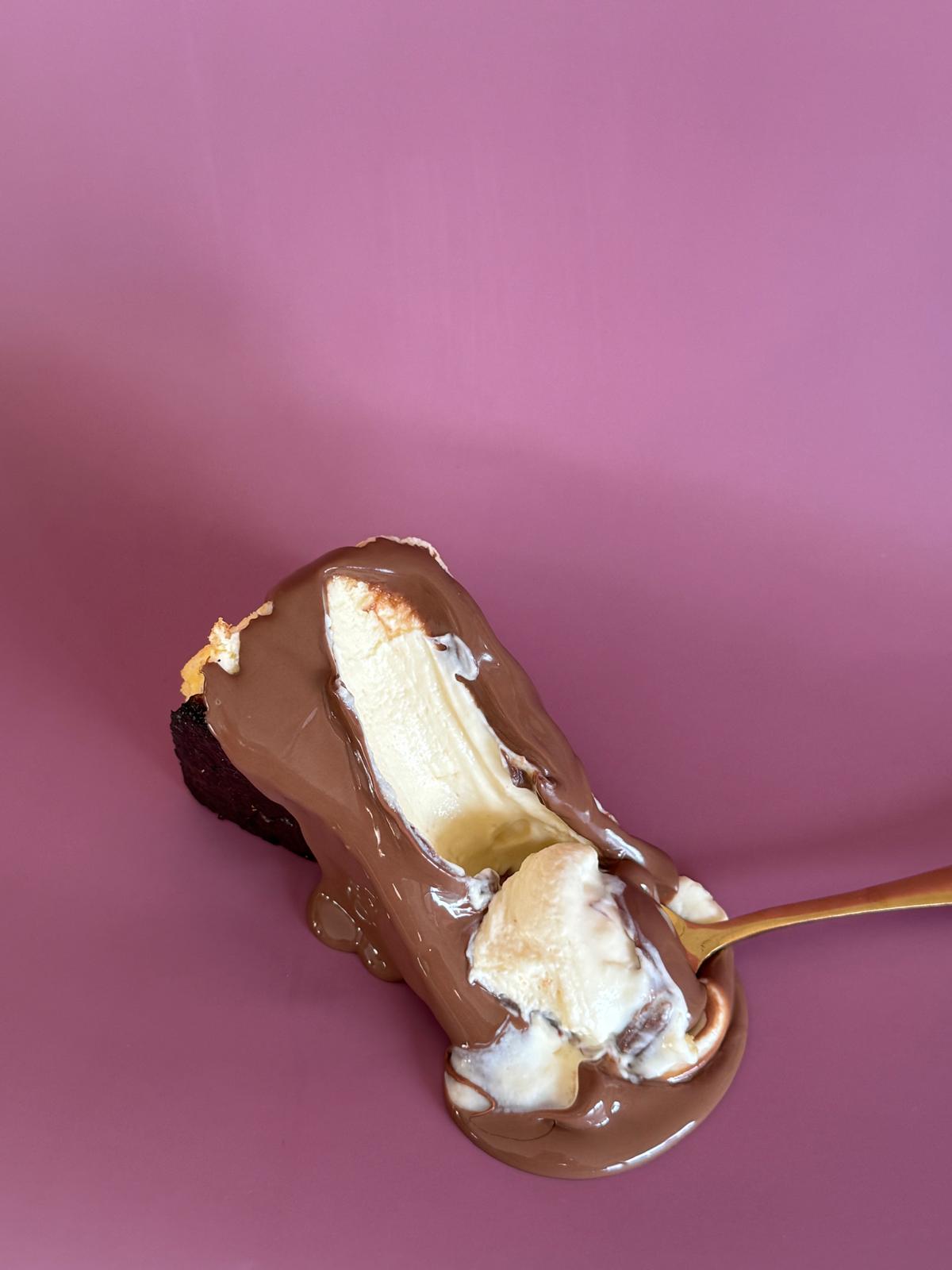 Basque cheesecake with chocolate topping - San Sebastian cake slice